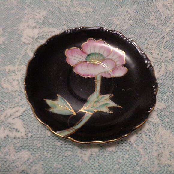 FLOWERS VINTAGE ASIAN STYLED PORCELAIN  IRIDESENT CUP & SAUCER BLACK PIN… - Picture 7 of 9